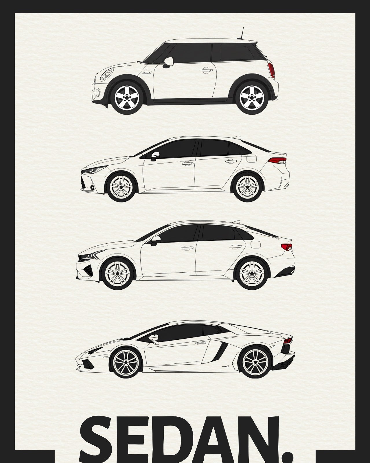 Illustrations of four different car models on a white background with 'SEDAN' text.