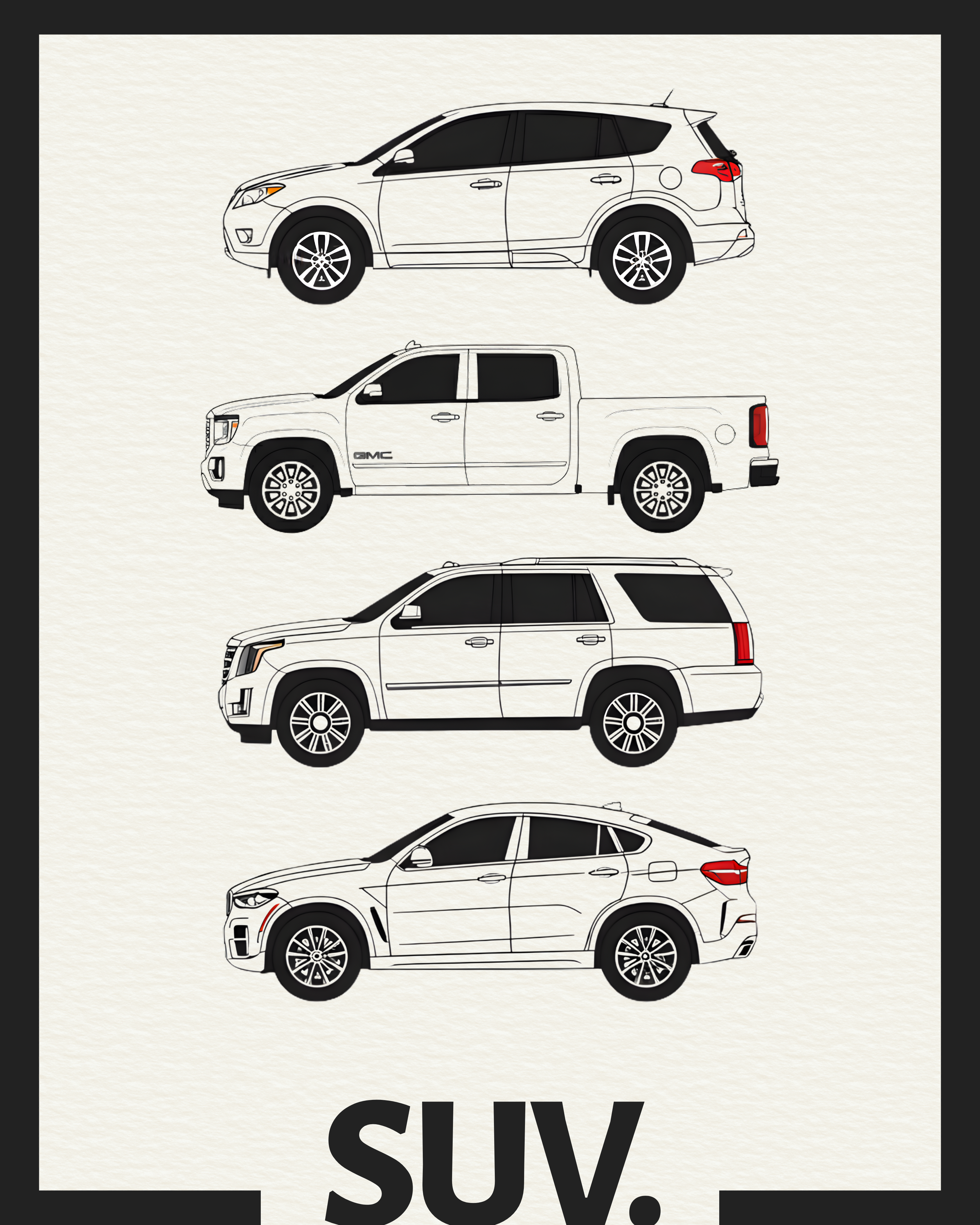 Illustrations of four SUVs on a white background with 'SUV' text at the bottom.